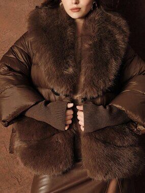 Brown Casual Women's Plus Size Contrast Faux Fur V-Neck Patchwork Zip Coat